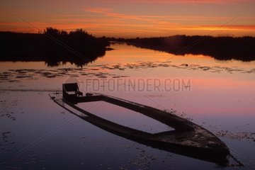 Rowing boat with water in the twilight Lac Grandlieu France