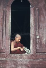 Junger MÃ¶nch und KÃ¤tzchen an der TÃ¼r eines Tempels Burma