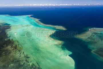 Aerial view on lagoon and reef of the west coast. Cape Gulvain Reef. West Coastal Area World Heritage Site by Unesco. New Caledonia.