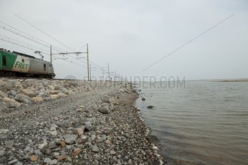 Riprap to protect a railway from sea erosion France