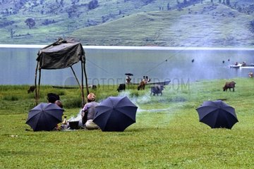Meal under an umbrella on Lake Phewa Pokhara Nepal