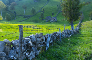 Cabaña pasiega and meadows  Miera Valley  Valles Pasiegos  Cantabria  Spain  Europe