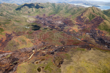 Fire in humid wetland in mining scrub  Pernod Creek River  Yate Township  New Caledonia.