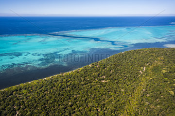 Aerial view of the dry forest of the littoral and lagoon of Poe. Western coast. World Heritage area of Unesco. New Caledonia.