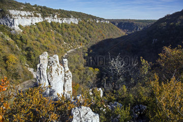 Landscape limestone coast and forests in Burgundy in autumn  View on a limestone needles in the reserve of Combe Lavaux  Surroundings of Chamboeuf  Côte d'Or 21  France