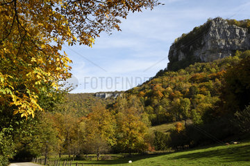 Reculee and the rocks of La Chatelaine with ruins of the medieval castle above the cave  Cirque du Fer à Cheval  Les Planches Pres Arbois  Jura  France
