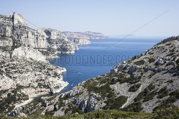 The creeks and the coast. Sugiton (notch in the foreground)  Cap Canaille (in red) and Cap Sicie (in the background)  Calanques National Park  Bouches-du-Rhone  Franc
