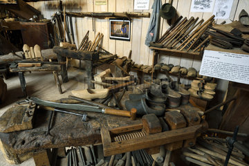 Clogs  workbench  tools  clog maker workshop  museum Espace des metiers du Bois Et du Patrimoine in Labaroche  Haut Rhin  France