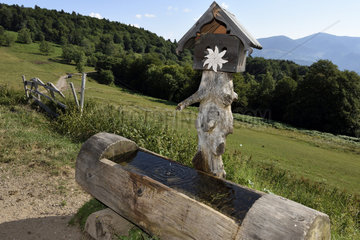 Wooden drinking fountain in front of Belacker farm  inn  cottage  Belacker stubble  Rossberg massif  Hautes Vosges  Haut Rhin  France