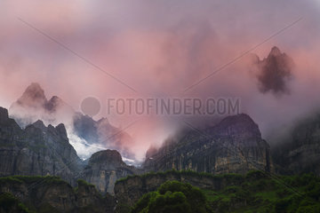 Pointe de Sales in the morning fog  Nature Reserve Sixt-Fer à Cheval  Alps  France