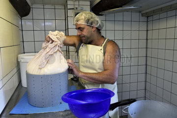 The curd is drawn to the canvas to be molded  cheese making  tomme de montagne or Bargkas  farm inn Entzenbach  Niederbruck  Haut Rhin  France