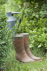 Rain boots and watering can in a garden in spring Provence