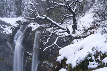 Gujuli Waterfall in winter  Gorbeia Natural Park  Urcabustaiz  Alava  Basque Country  Spain