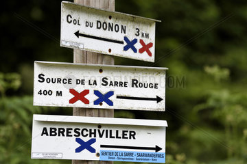 Panels  trail markup  Source de la Sarre Blanche  Source de la Sarre Rouge  col du Donon  Abreschviller in the Donon Massif  forest  Grandfontaine  Bas Rhin  France