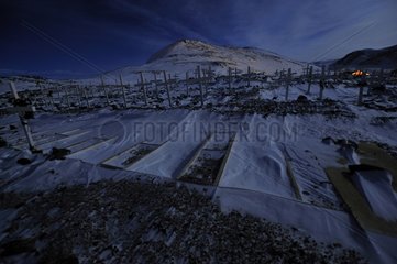 Friedhof IttoQqorttoOmiit in der Nacht Grönland