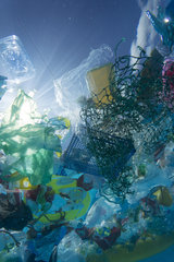 Plastic garbage floating in the ocean. Unlike organic debris  which biodegrades  the photodegraded plastic disintegrates into smaller and smaller pieces and it concentrates in the upper water column. As it disintegrates  the plastic ultimately becomes small enough to be ingested by aquatic organisms that reside near the ocean's surface. In this way  plastic may become concentrated in neuston  thereby entering the food chain. While eating their normal sources of food  plastic ingestion can be unavoidable or the animal may mistake the plastic as a food source. Portugal