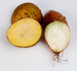 Cross section potato and onion on white background
