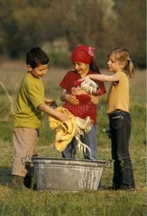 Enfants lavant un Coton de Tuléar