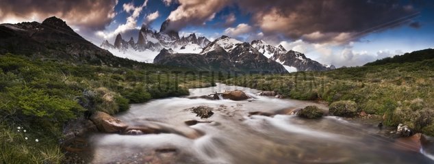 Panoramic view of the Fitz Roy range mountains at sunset