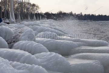 Ice formation on Lake Geneva pier France