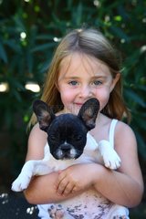 Girl carrying a French Bulldog Puppy