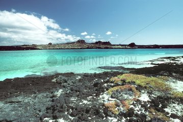 Santiago Island seen from the Sombrero Chino beach Galapagos