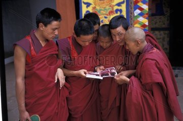 Junge MÃ¶nche  die sich ein Buch Bhutan ansehen