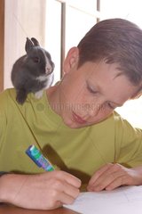 Enfant faisant ses devoir avec un lapin sur l'épaule
