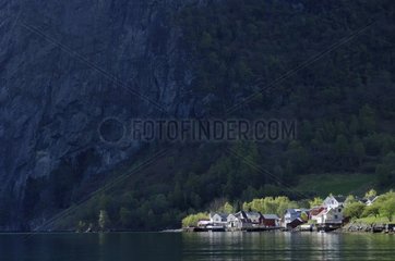 Undredal village on the shore of a fjord Norway