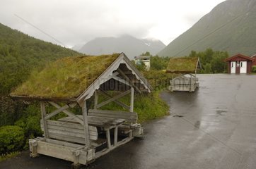 Rest area with shelter with vegetalized roofs Norway