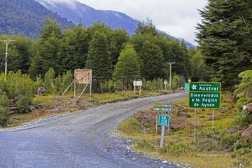 Roadsign indicating the entrance in Aysen - Patagonia Chile