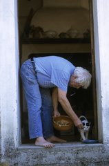 Old man feeding a cat