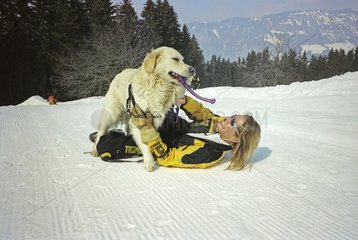 Avalanche dog and dog master station in the mountains