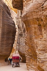 Tourists in a cart inside canyon at Petra in Jordan