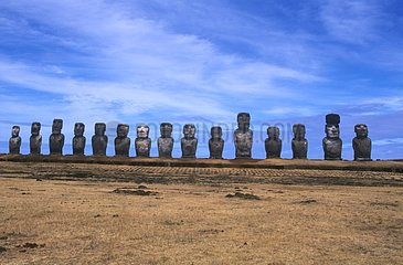 Line of 15 moai Ahu Tongariki Island of Easter Chile