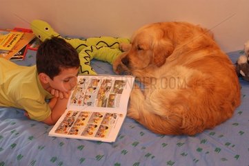 Enfant lisant sur son lit avec un Golden retriever