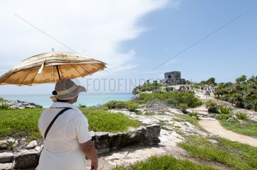Tourist and Mayan ruins of Tulum Caribbean Sea Mexico