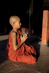 Young monk in meditation position Monastery Nyaungshwe
