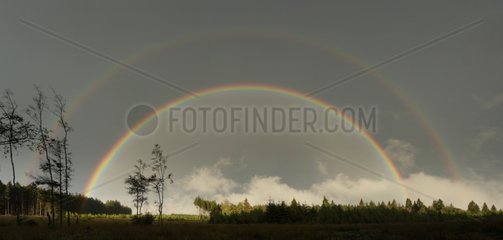 Double rainbow sky in forest Ardennes Belgium