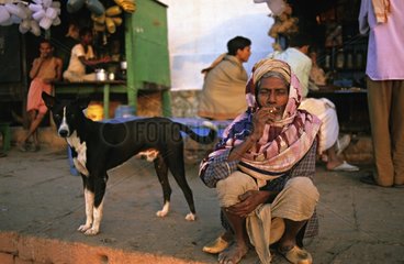 Hund und Mann auf den Ghats sehen das objektive Indien aus