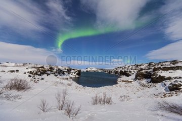 Northern lights over a snowy landscape Iceland