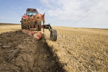 Ploughing with a tractor a field stubble