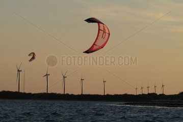 Wind mills and Kite surf at sunset South Australia