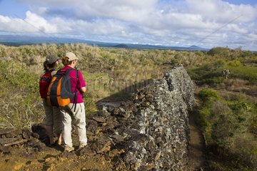 Tourists and Muro de las Lagrimas Isabela Island Galapagos