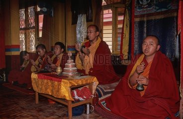 Tibetische Mönche im Gebet in einem Kloster Nepal