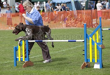 Woman encouarging dog in agility jumping dog show