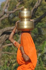 Woman carrying a water container on his head India