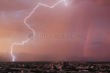 Lightning and rainbow skies over Tucson Arizona USA