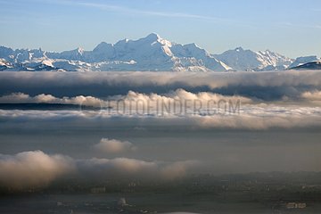 View on the Mont-Blanc in winter above the mist Switzerland