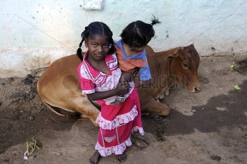 Children near a Cow in a street of Hampi in India